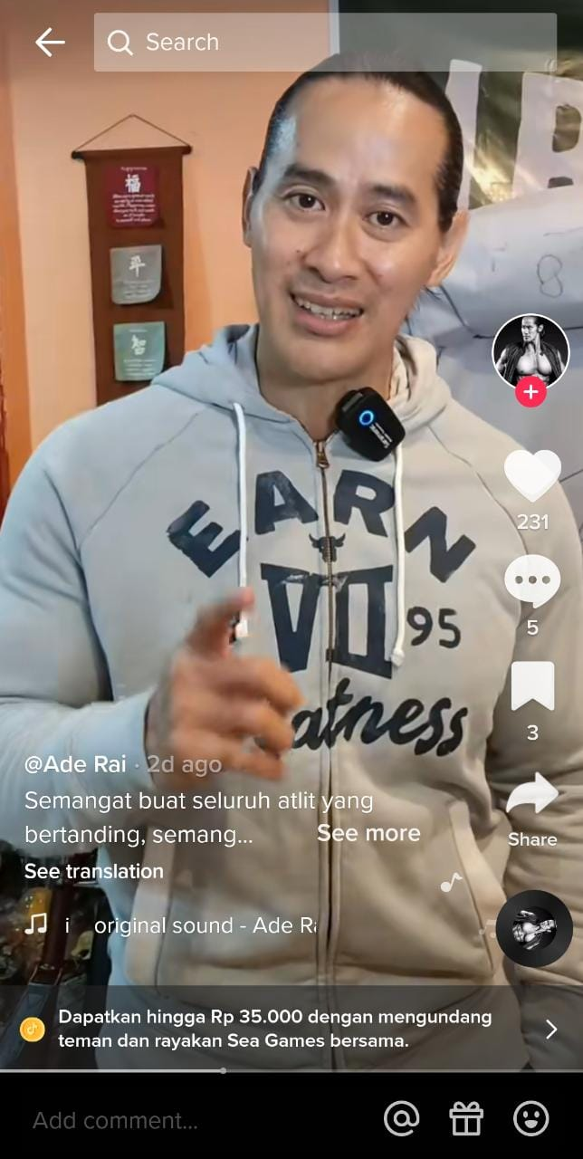 Ade Rai, the 1997 SEA Games bodybuilder gold medal, gave a message, support and enthusiasm to young Indonesian athletes who competed in the SEA Games