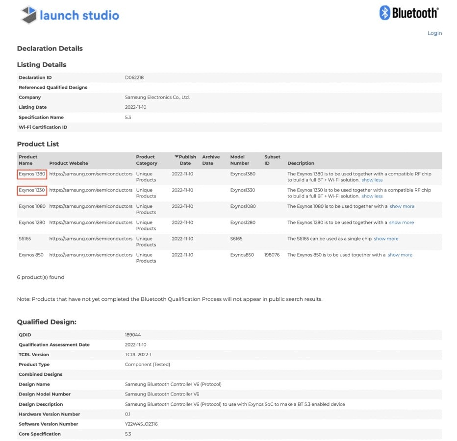 Samsung Exynos 1330 dan 1380 Muncul di Situs Sertifikasi Bluetooth SIG 2 imagem 2022 11 14 143326403