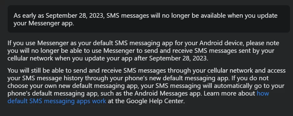 FireShot Capture 024 SMS is no longer available on Messenger Facebook Help Centre www.facebook.com
