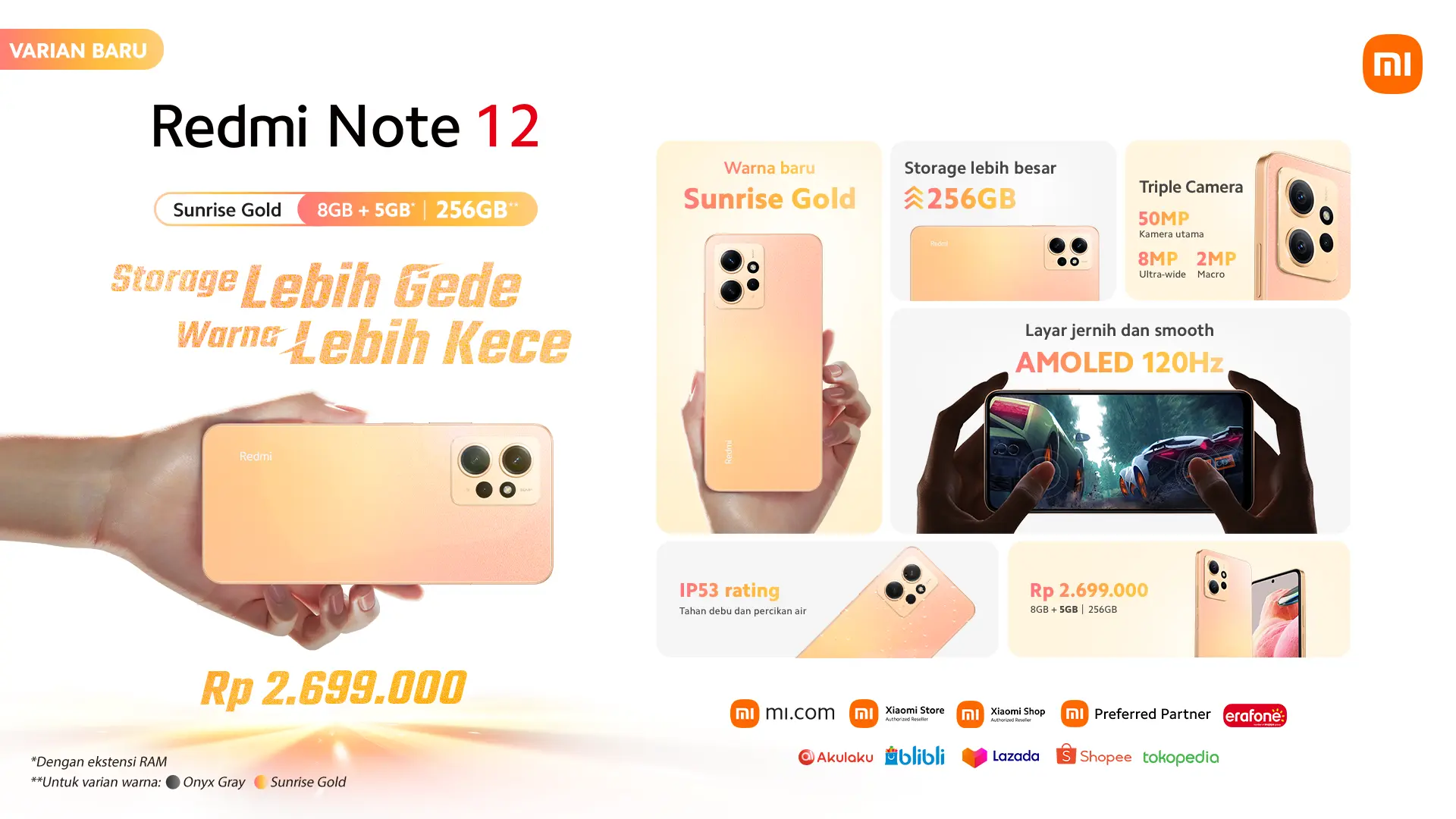 Redmi Note 12 Sunrise Gold hadir dengan harga Rp 2.699.000