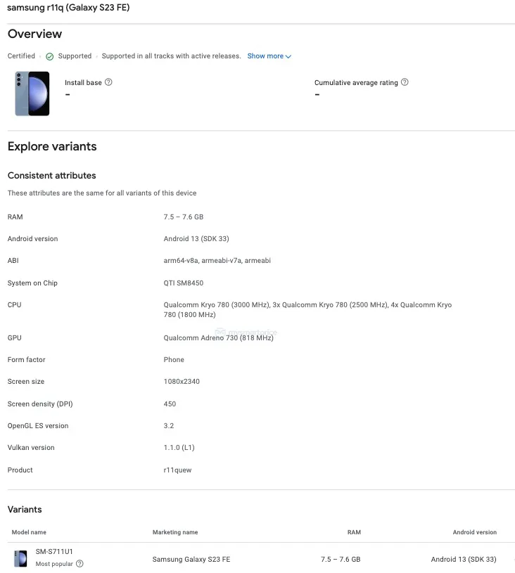 Samsung Galaxy S23 FE Google Play Console Snapdragon