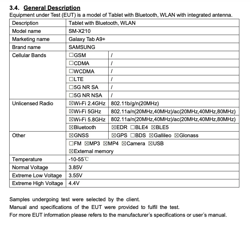 Samsung Galaxy Tab A9 FCC Certification 01