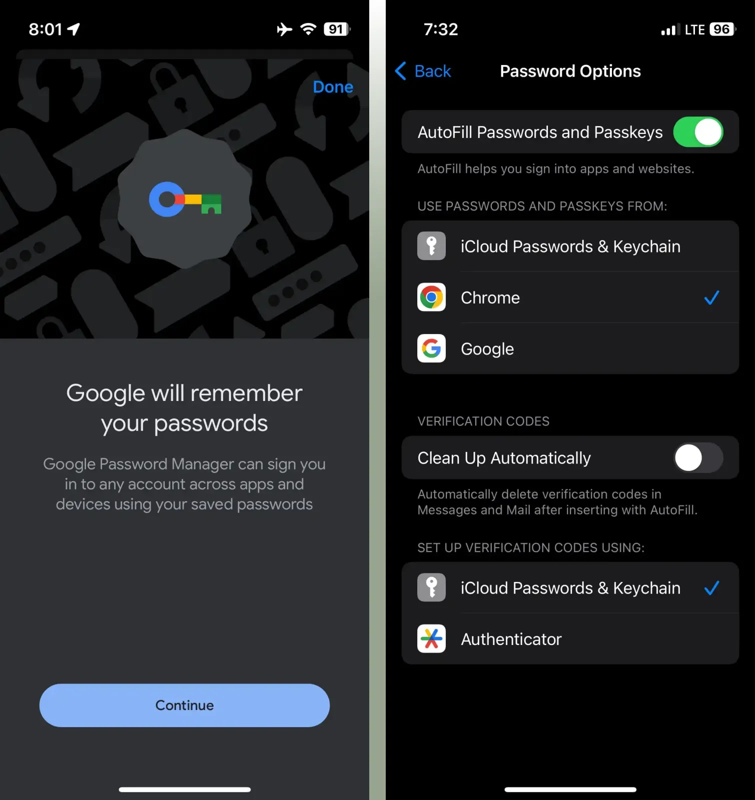 Google app Autofill passwords side