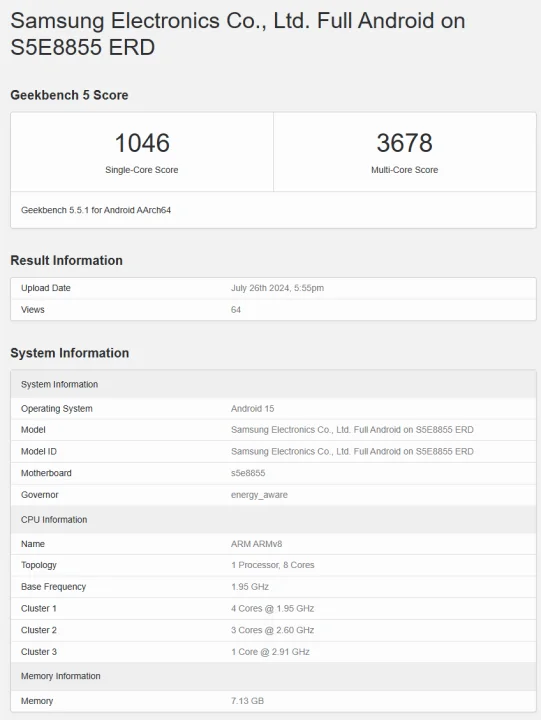 Exynos 1580 benchmark geekbench