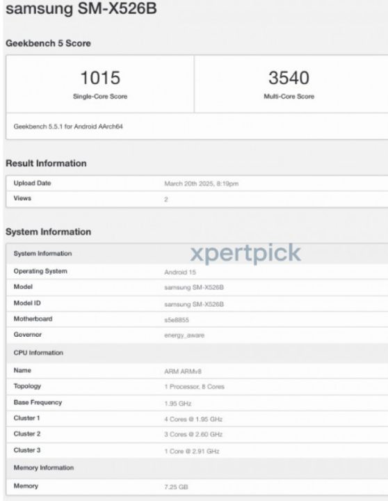Galaxy Tab S10 Fe Geekbench
