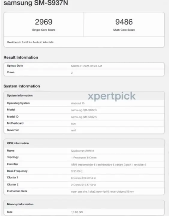 Samsung galaxy S25 Edge Geekbench
