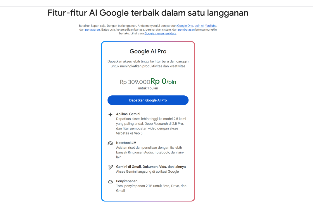 VEO 3 Resmi Tersedia di Indonesia, Kreator Kini Bisa Akses Tanpa VPN 2 Harga langganan Google AI Pro VEO 3