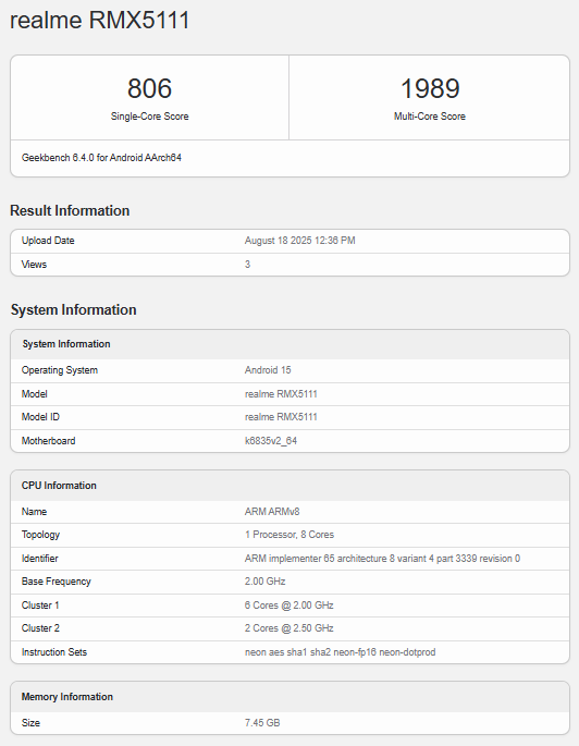 realme 15T 5G geekebench spesifikasi