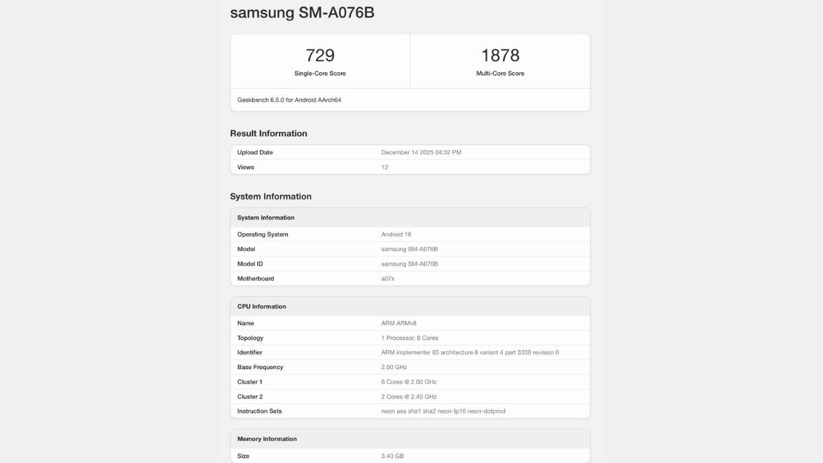 Spesifikasi Samsung Galaxy A07 5G Terungkap Lewat Listing Geekbench 2 Galaxy A07 5G - Geekbench