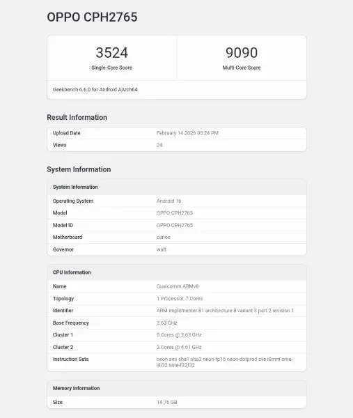 Oppo Find N6 Geekbench listing