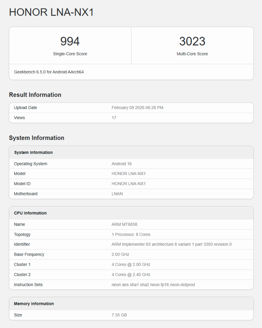 Hasil Geekbench HONOR 600 Lite