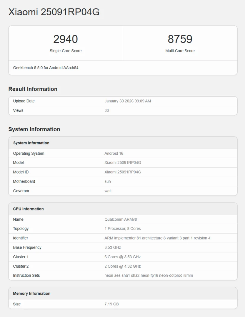 xiaomi pad 8 pro geekbench listing