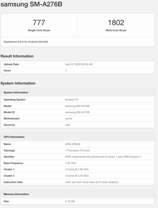 Galaxy A27 Geekbench