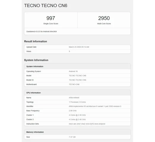 geekbench tecno camon slim