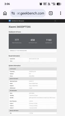 Xiaomi 17T Geekbench AI result